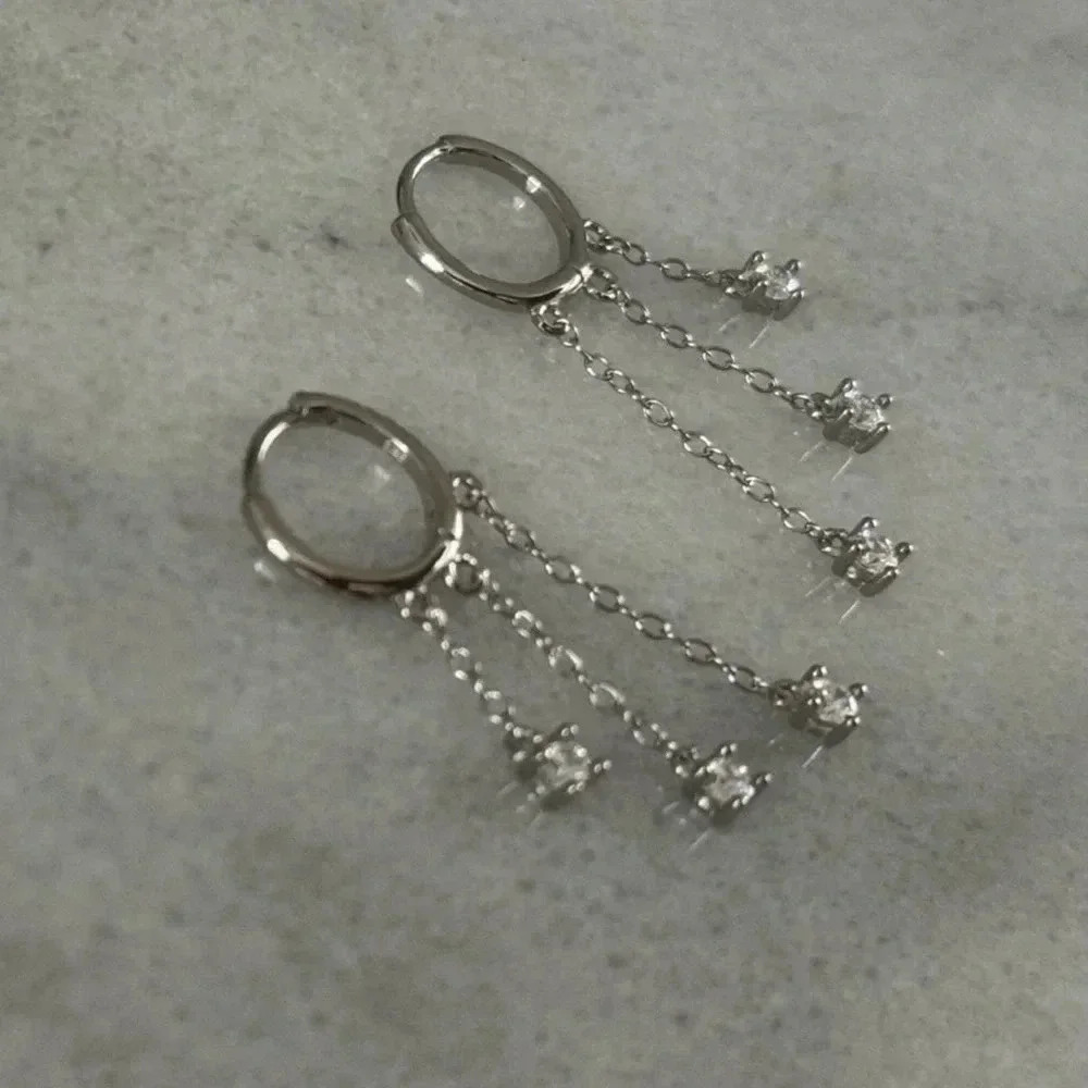 Sterling Silver Huggie Hoop Fringe Chain Crystal Hoop Earrings Brand New - Picture 2 of 4
